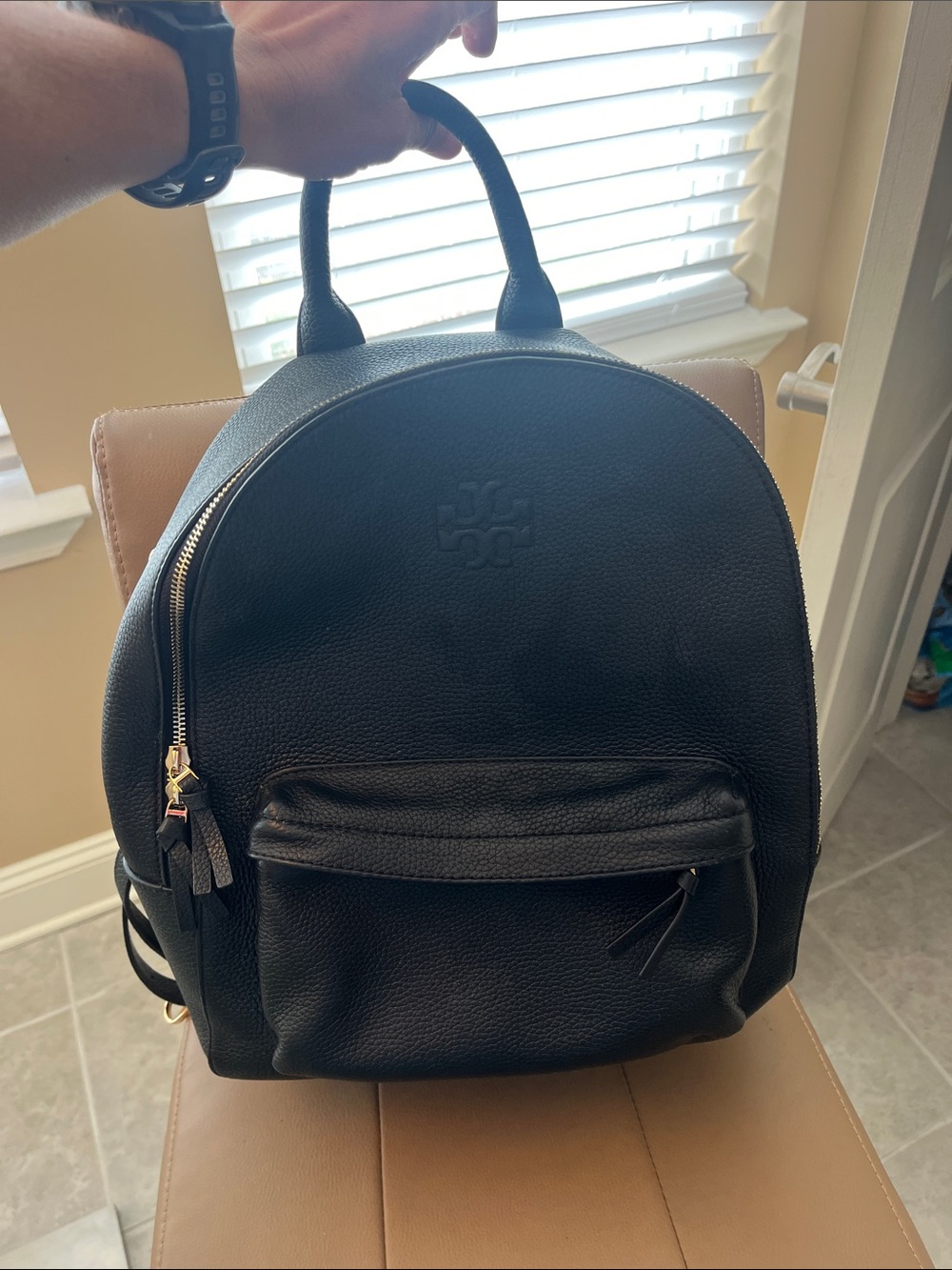 Tory Burch Black Pebbled Leather Zip Backpack